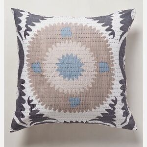 Anthropologie Euro Sham YALOVA Voile Quilted Cotton Hand Screened Grey Blue NWT